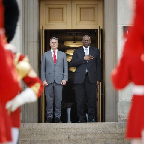 Lloyd Austin and Richard Marles shown before the Australia-United States Ministerial Consultations on August 5, 2024, in Arlington, Virginia. (Chip Somodevilla via Getty Images)