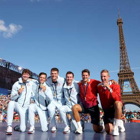 Team United States Men's Rowing Four gold medalists Justin Best, Liam Corrigan, Michael Grady and Nick Mead on day eleven of the Olympic Games Paris 2024 on August 6, 2024, in Paris, France. (Carl Recine via Getty Images)