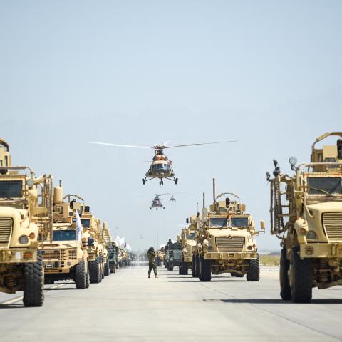 Taliban military vehicles parade to celebrate the third anniversary of Taliban's takeover of Afghanistan in Bagram, Afghanistan, on August 14, 2024. (Ahmad Sahel Arman/AFP via Getty Images)
