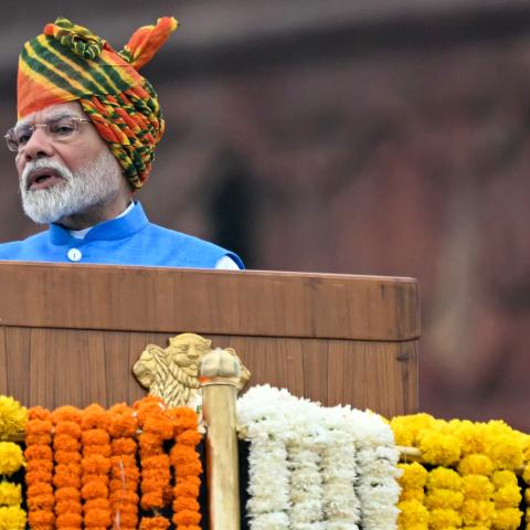 India's Prime Minister Narendra Modi addresses the nation from the ramparts of the Red Fort, to mark the country's Independence Day in New Delhi on August 15, 2024. (Photo by Sajjad HUSSAIN / AFP) (Photo by SAJJAD HUSSAIN/AFP via Getty Images)