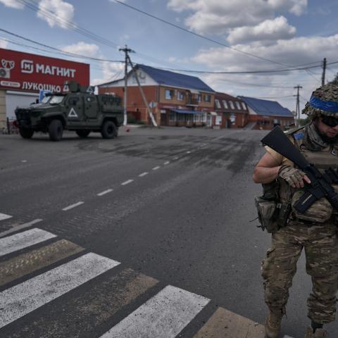 Ukrainian soldiers are seen near the Russian store "Magnit" on August 16, 2024 in Sudzha, Russia. Last week, Ukrainian forces made a surprise incursion into Russia's Kursk region, where Ukraine says it has captured hundreds of enemy soldiers and where Russia has been forced to evacuate more than 130,000 people. (Photo by Kostiantyn Liberov/Libkos/Getty Images)