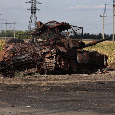 A destroyed Russian tank outside Ukrainian-controlled Russian town of Sudzha, Kursk region, on August 16, 2024. (Yan Dobronosov/AFP via Getty Images)