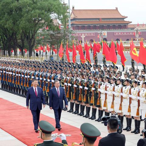 Xi Jinping, general secretary of the Communist Party of China Central Committee and Chinese president, holds a welcome ceremony for To Lam, general secretary of the Communist Party of Vietnam Central Committee and Vietnamese president, who is on a state visit to China, at the square outside the east gate of the Great Hall of the People prior to their talks in Beijing, capital of China, Aug. 19, 2024. Xi held talks with Lam at the Great Hall of the People in Beijing on Monday. (Photo by Yao Dawei/Xinhua via 