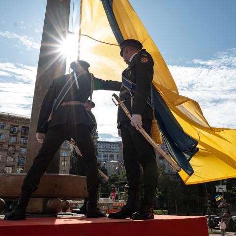  Kyiv residents attend the ceremony of the raising of the National Flag of Ukraine near Kyiv City Administration in Kyiv, Ukraine on August 23, 2024. Serhiy Popko, the head of the Kyiv City Military Administration, also part in the ceremony. Ukraine gained its independence from Soviet Union on August 24, 1991 and now marks the 33rd anniversary of this historic event. The first ceremonial raising of the yellow-and-blue Ukrainian flag in modern times took place on 24 July 1990. (Photo by Danylo Antoniuk/Anado