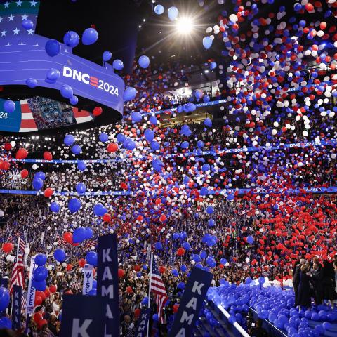 US Vice President Kamala Harris celebrates with her family after accepting the Democratic presidential nomination on August 22, 2024, in Chicago, Illinois. (Kevin Dietsch via Getty Images)