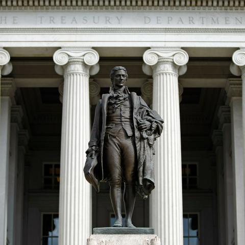  A statue of the first United States Secretary of the Treasury Alexander Hamilton stands in front of the U.S. Treasury September 19, 2008 in Washington, DC. Treasury Secretary Henry Paulson announced that the Treasury will insure money market mutual funds as one part of a massive government bailout that is attempting to stabilize the current financial crisis. (Chip Somodevilla via Getty Images)