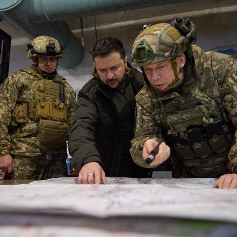 Ukrainian President Volodymyr Zelenskyy visits the soldiers in the Kupiansk frontline on November 30, 2023, in Kharkiv, Ukraine. (Ukrainian Presidency/Anadolu via Getty Images)