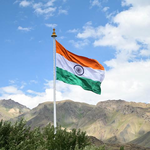 An Indian flag is seen at a war memorial in Dras, India, on July 24, 2024. (Firdous Nazir via Getty Images)