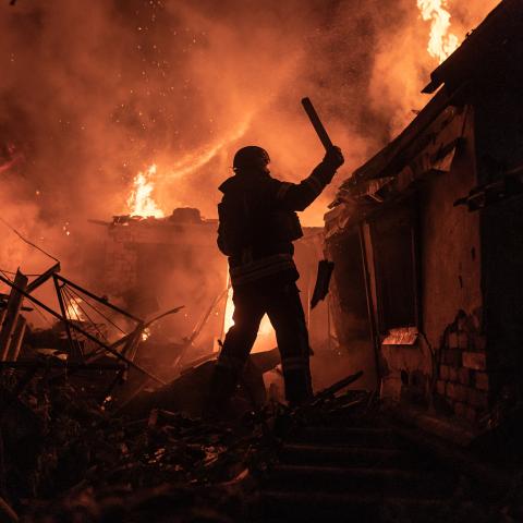 Ukrainian emergency service workers extinguish a fire after a Russian bombing in the town of Kostiantynivka, Ukraine, on September 4, 2024. (Diego Herrera Carcedo/Anadolu via Getty Images)