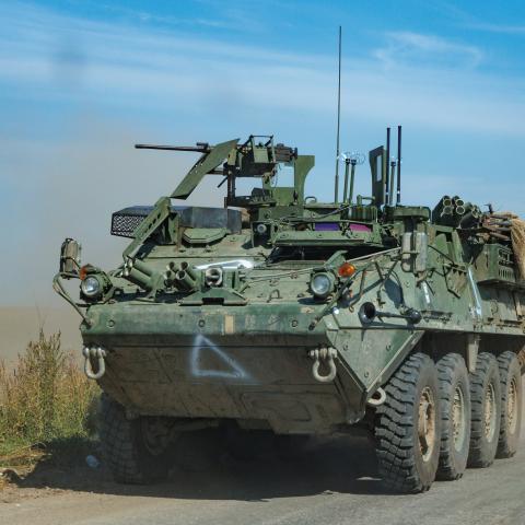 A Stryker fighting vehicle drives down the street on August 30, 2024, in Kursk Region, Russia. (Oleg Palchyk/Global Images Ukraine via Getty Images)