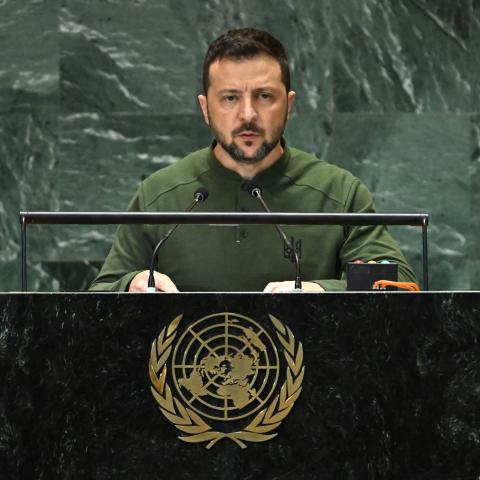 Ukrainian President Volodymyr Zelensky speaks during the UN General Assembly in New York on September 23, 2024. (Timothy A. Clary/AFP via Getty Images)