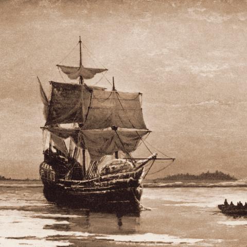 "Mayflower in Plymouth Harbor" (1882), an oil painting by William Halsall of the ship that in December 1620 brought Pilgrims to New England where they established the Massachusetts colony. (Getty Images)