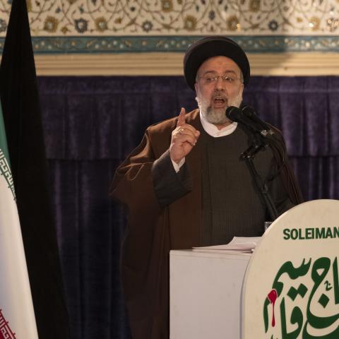 Iranian President Ebrahim Raisi delivers a speech in the Imam Khomeini Grand Mosque in downtown Tehran on January 3, 2022. (Photo by Morteza Nikoubazl/NurPhoto via Getty Images)