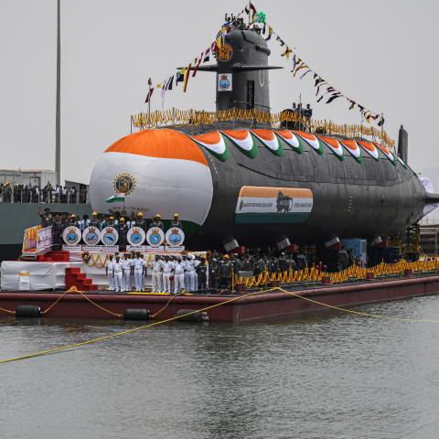  A Scorpène-class submarine is launched at Mazagon Dock in Mumbai on April 20, 2022. (Ashish Vaishnav via Getty Images)