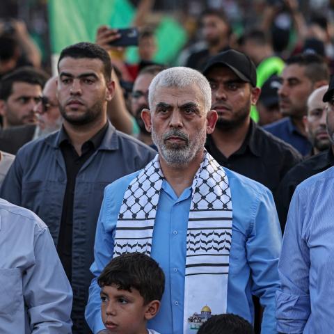Yahya Sinwar and Mustafa Barghouti attend a rally in support of Jerusalem's al-Aqsa mosque in Gaza City on October 1, 2022. (Mahmud Hams/AFP via Getty Images)