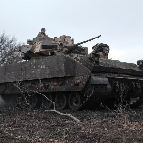 Ukrainian soldiers of 47th Mechanized Brigade on M2 Bradley infantry fighting vehicle on Avdiivka direction on February 23, 2024 in Donetsk Oblast, Ukraine. M2 Bradley infantry fighting vehicle proved to be a highly effective weapon at battlefield against Soviet and Russian military vehicle of Russian army during full-scale invasion. (Photo by Vitalii Nosach/Global Images Ukraine via Getty Images)