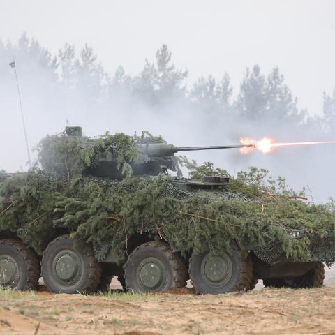 Soldiers take part in the combat shooting exercises of the Lithuanian army and the French-German brigade at the General Silvestras Zukauskas Training Area in Pabrade, Lithuania, on May 6, 2024. (Photo by PETRAS MALUKAS / AFP) (Photo by PETRAS MALUKAS/AFP via Getty Images)