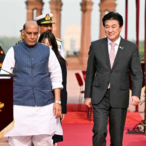India's Defence Minister Rajnath Singh and his Japanese counterpart Minoru Kihara leave after the guard of honour ceremony in New Delhi on August 20, 2024. (Sajjad Hussain/AFP via Getty Images)