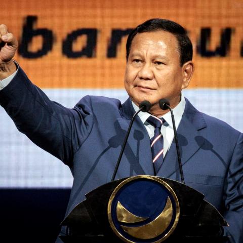 Indonesia's President-elect Prabowo Subianto speaks during the NasDem party congress in Jakarta on August 27, 2024. (Yasuyoshi Chiba/AFP via Getty Images)