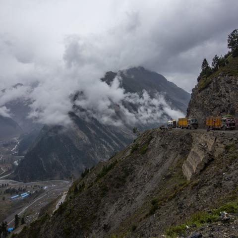 Vehicles travel along the treacherous Srinagar Leh highway on August 27, 2024, in Ladakh, India. Ladakh is a strategically important region due to ongoing territorial disputes with Pakistan and China. (Yawar Nazir via Getty Images)