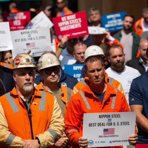 US Steel Corporation workers rally outside the company's headquarters in Pittsburgh, Pennsylvania, supporting the takeover by Japan's Nippon Steel, on September 4, 2024. (Rebecca Droke/AFP via Getty Images)
