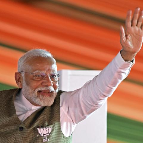 India's Prime Minister Narendra Modi waves to his supporters during a rally in Srinagar on September 19, 2024. (Tauseef Mustafa/AFP via Getty Images)