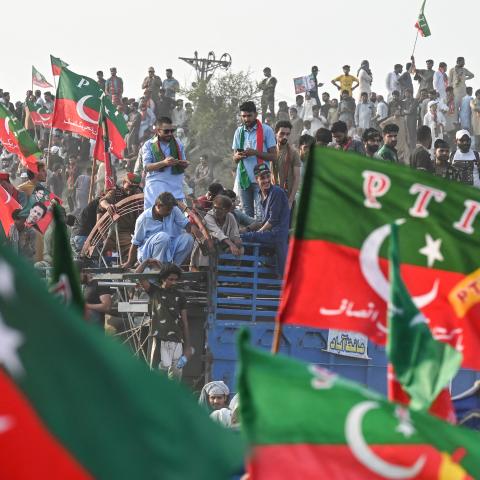 Activists of Pakistan Tehreek-e-Insaf (PTI) party take part in a public rally in Lahore on September 21, 2024. (Arif Ali/AFP via Getty Images)