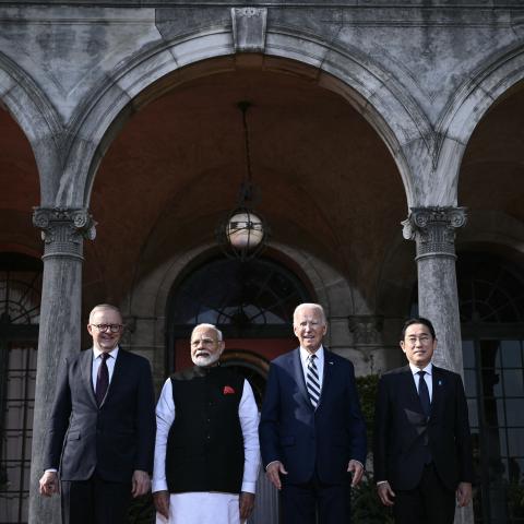 US President Joe Biden participates in a Quadrilateral Summit family photo with Australian Prime Minister Anthony Albanese, Indian Prime Minister Narendra Modi, and Japanese Prime Minister Fumio Kishida at the Archmere Academy in Wilmington, Delaware, on September 21, 2024. (Brendan Smialowski/AFP via Getty Images)