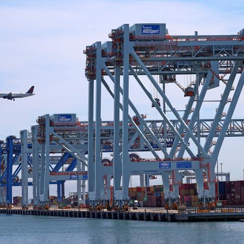 Work is done before a dockworkers strike was called at Conley Container Terminal on September 30, 2024, in Boston. (David L. Ryan via Getty Images)