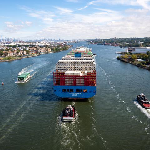 A container ship departs the Port of Newark for the Atlantic Ocean on September 30, 2024, from New York City. (Spencer Platt via Getty Images)