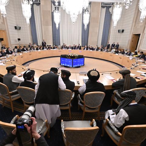 The Russian foreign minister and the deputy foreign minister of the Taliban government in Afghanistan attend the Moscow Format in Moscow, Russia, on October 4, 2024. (Sefa Karacan/Anadolu via Getty Images)
