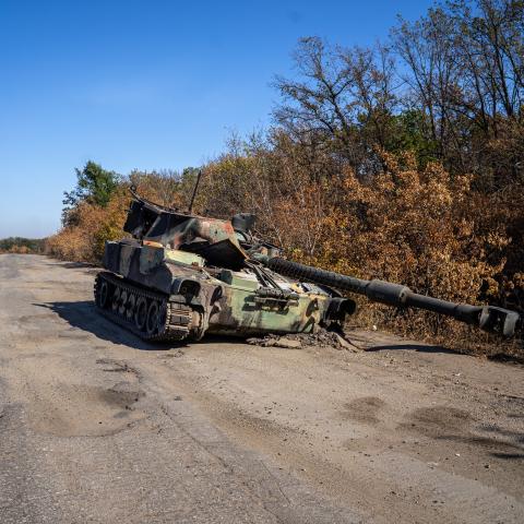 A view of burned and abandoned Ukrainian armored vehicle in Ukraine on October 2, 2024. (Fermin Torrano/Anadolu via Getty Images)