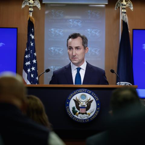 State Department spokesperson Matthew Miller speaks on the Iranian missile attacks on Israel on October 1, 2024, in Washington, DC. (Kevin Dietsch via Getty Images)