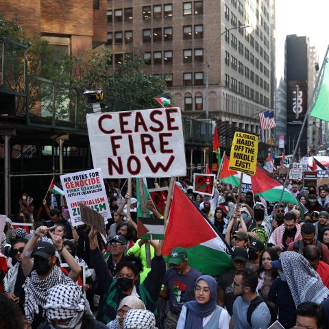 Demonstrators gather during a pro-Palestinian rally in New York City to mark the one-year anniversary of the October 7 terrorist attack by Hamas in Israel on October 7, 2024. (Charly Triballeau via Getty Images)