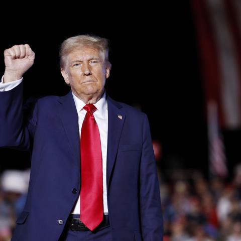 Former President Donald Trump walks off stage at the end of a campaign rally on October 5, 2024, in Butler, Pennsylvania. (Anna Moneymaker via Getty Images)