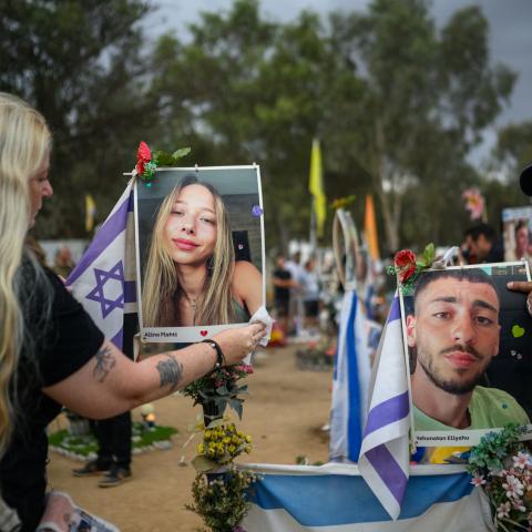 Family and friends gather at the Nova Festival Memorial to mark the first anniversary since Hamas attacked on October 7, 2024, in Re'im, Israel. (Alexi J. Rosenfeld via Getty Images)