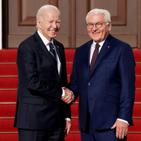 German President Frank-Walter Steinmeier welcomes US President Joe Biden at Schloss Bellevue on October 18, 2024, in Berlin, Germany. (Sean Gallup via Getty Images)