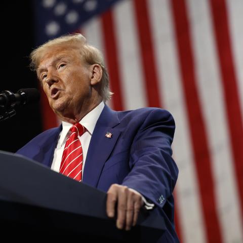Former president Donald Trump delivers remarks during a campaign rally on October 15, 2024, in Atlanta, Georgia. (Kevin Dietsch via Getty Images)