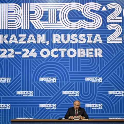Russia's President Vladimir Putin speaks during the BRICS summit in Kazan, Russia, on October 24, 2024. (Alexander Nemenov/AFP via Getty Images)