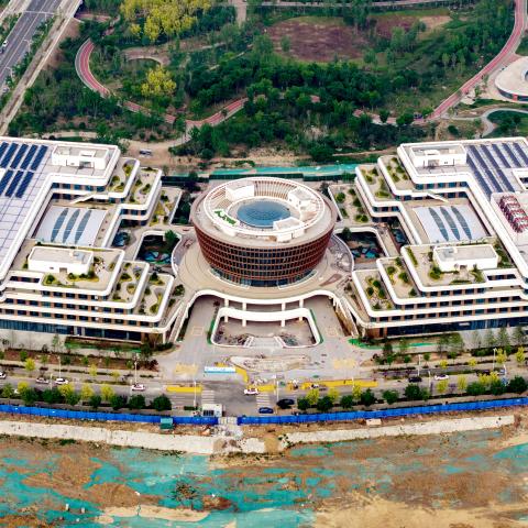 An aerial photo shows the China Telecom Smart City Industrial Park in Xiongan, China, on May 4, 2024. (Costfoto/NurPhoto via Getty Images)