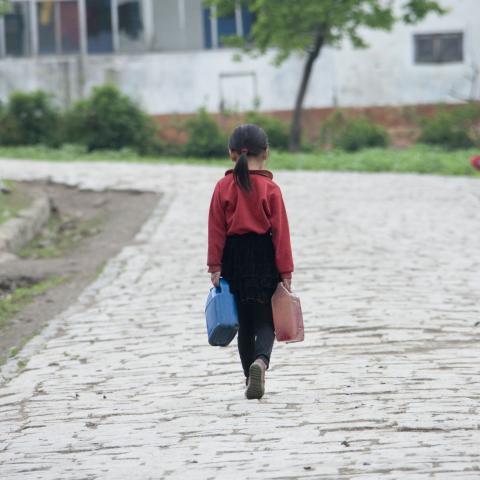 Rear view of a North Korean girl carrying water on a road on May 16, 2009, in Chongsan-ri Cooperative Farm, North Korea. (Eric Lafforgue/Corbis via Getty Images)
