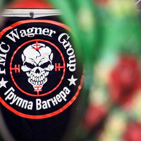 A shirt bearing the first logo of the Wagner Group is displayed in Moscow, Russia, on May 12, 2023. (Alexander Nemenov/AFP via Getty Images)
