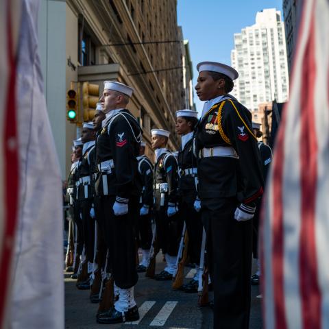 Members of the U.S. Navy participate in the annual Veterans Day Parade on November 11, 2023 in New York City. Hundreds of people lined 5th Avenue to watch the biggest Veterans Day parade in the United States. This years event included veterans, active soldiers, police officers, firefighters and dozens of school groups participating in the parade which honors the men and women who have served and sacrificed for the country (Photo by Spencer Platt/Getty Images)