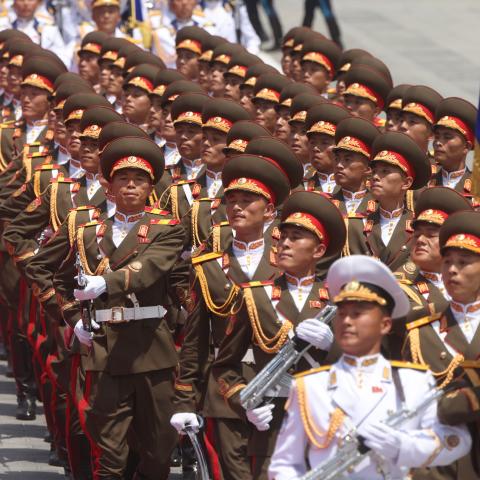 North Korean military officers march during a welcoming ceremony, on June 19, 2024, in Pyongyang, North Korea. Russian President Vladimir Putin is in North Korea for a two-day visit. (Photo by Contributor/Getty Images)