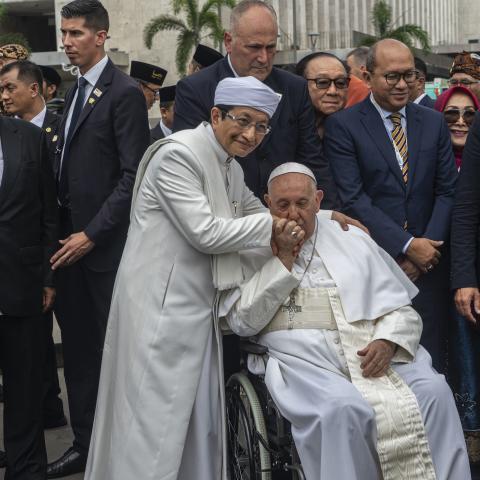 Pope Francis and Grand Imam of Istiqlal Mosque Nasaruddin Umar pose for picture on September 5, 2024, in Jakarta, Indonesia. (Oscar Siagian via Getty Images)