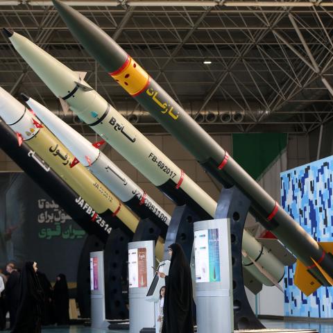 Iran exhibits its missiles, satellite-carrying rockets, and air defense systems in Tehran, Iran, on October 17, 2024. (Fatemeh Bahrami/Anadolu via Getty Images)