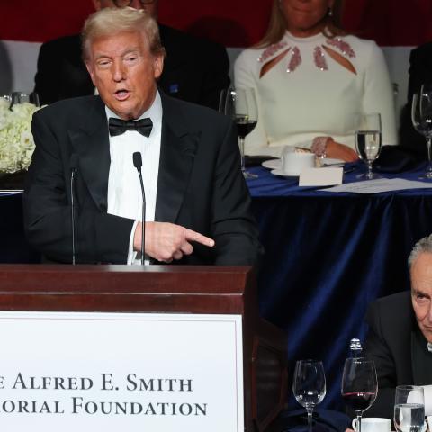 Former US President Donald Trump points to Senate Majority Leader Chuck Schumer as he speaks on October 17, 2024, in New York City. (Michael M. Santiago via Getty Images)