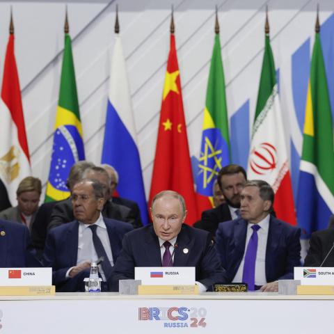 Vladimir Putin and Xi Jinping attend a plenary session at the BRICS summit in Kazan, Russia, on October 24, 2024. (Maxim Shemetov/AFP via Getty Images)