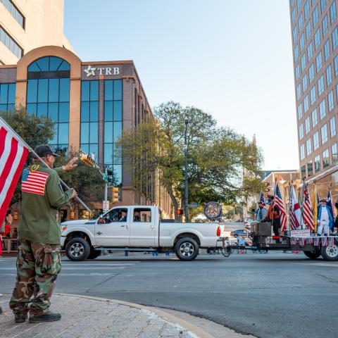 Veterans ride on floats in the Austin Veterans Parade Celebration on November 11, 2024, in Austin, Texas. (Brandon Bell via Getty Images)