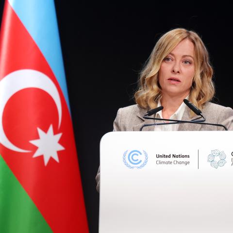 Italian Prime Minister Giorgia Meloni speaks during COP29 on November 13, 2024, in Baku, Azerbaijan. (Sean Gallup via Getty Images)